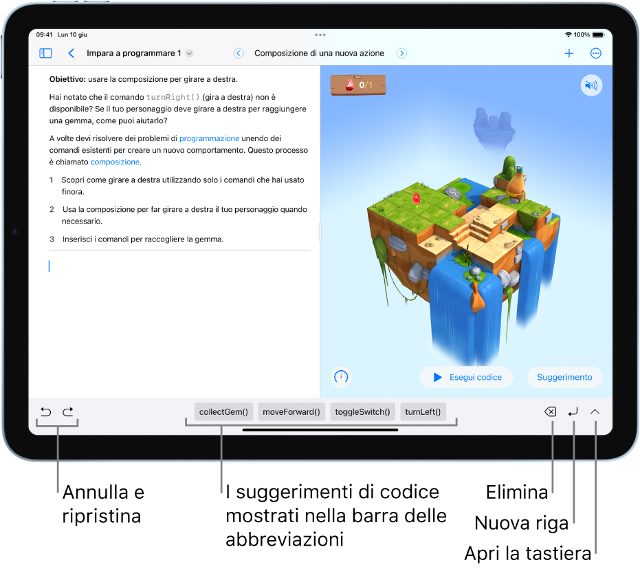 La barra delle abbreviazioni nella parte inferiore dello schermo che mostra (da sinistra a destra) i pulsanti Annulla e Ripristina, il codice suggerito, il pulsante Elimina, il pulsante “Nuova riga” e il pulsante “Apri tastiera”.