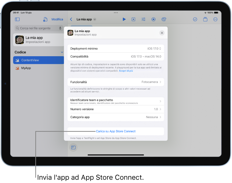La finestra “Impostazioni app” di un’app. Puoi utilizzare i controlli in questa finestra per identificare la tua app e per caricarla su App Store Connect.