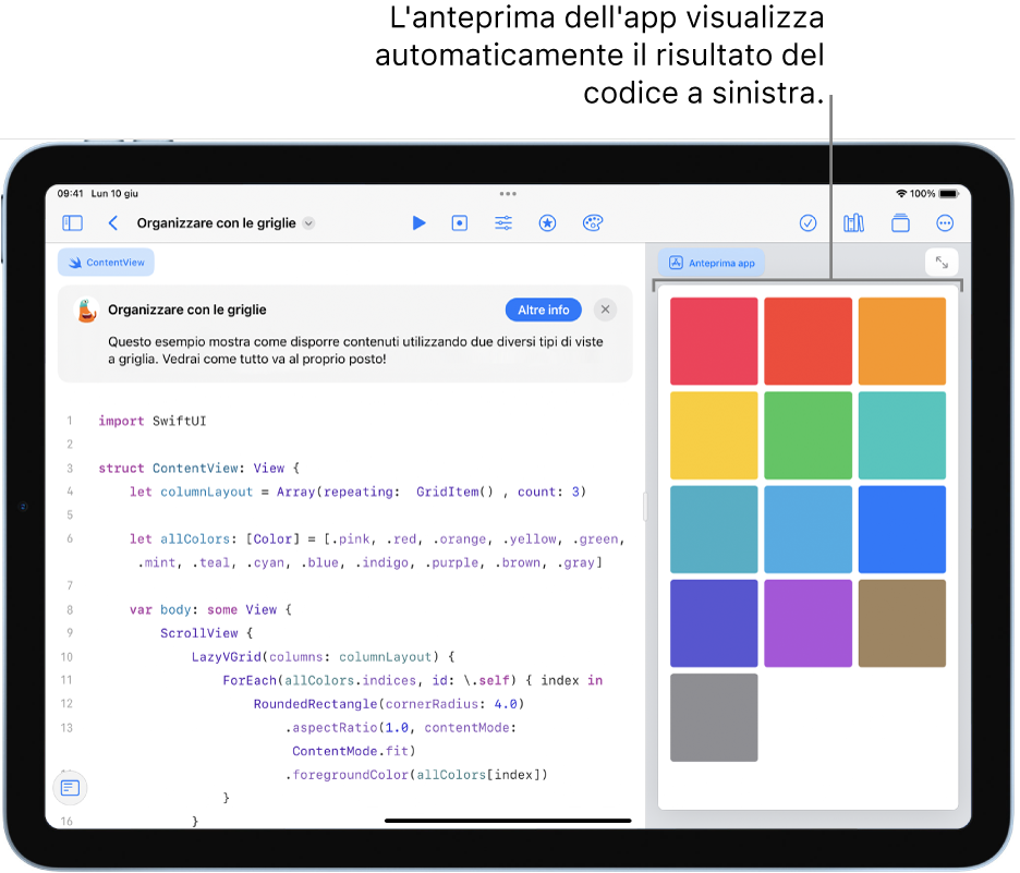 Un’app che mostra come disporre i contenuti in due diverse viste a griglia, mostrando il codice di esempio sulla sinistra e il risultato del codice nell’anteprima dell’app sulla destra.