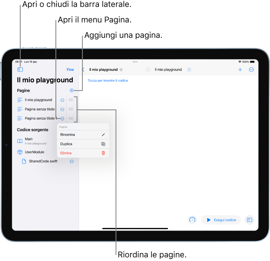 Un playground aperto, con le opzioni per aprire o chiudere la barra laterale, aprire il menu Pagina, aggiungere una pagina o riordinare le pagine.