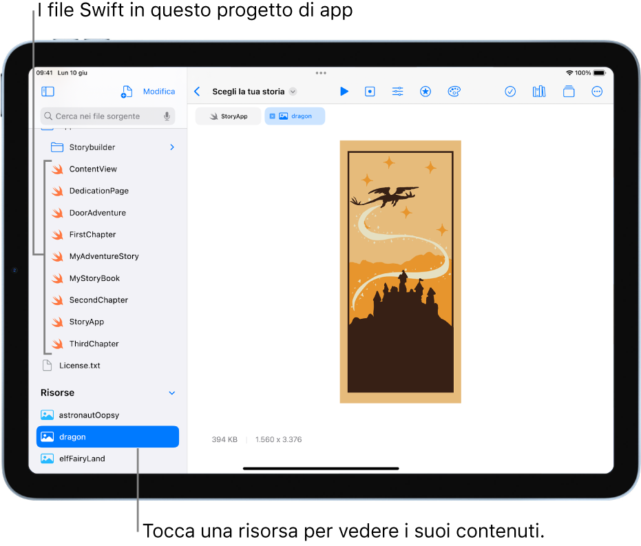 Un playground di app aperto che si chiama “Scegli la tua storia”. Viene mostrata l’area di programmazione; la barra laterale sinistra è aperta e mostra i file Swift e le altre risorse nel playground di app. La risorsa “dragon” è selezionata nella barra laterale sulla sinistra e i relativi contenuti sono mostrati nell’area di programmazione.