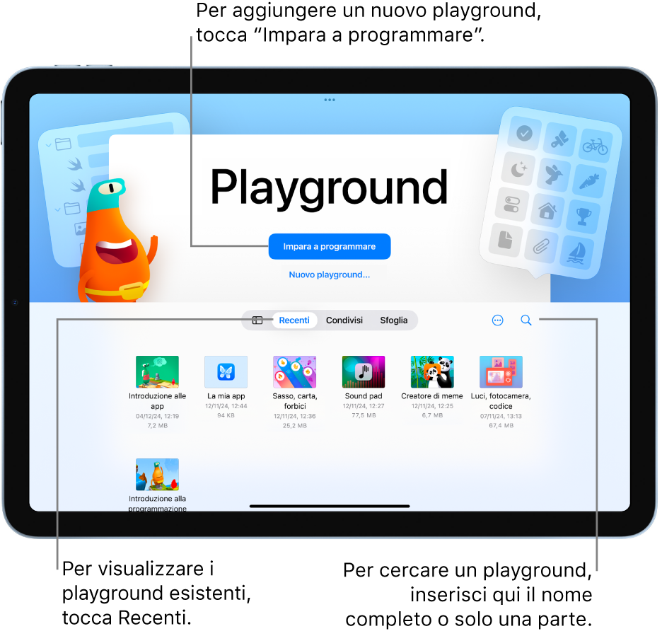 La schermata di benvenuto di Swift Playground con le opzioni per imparare a programmare o creare una nuova app e le app esistenti mostrate sotto, nel pannello Recenti.