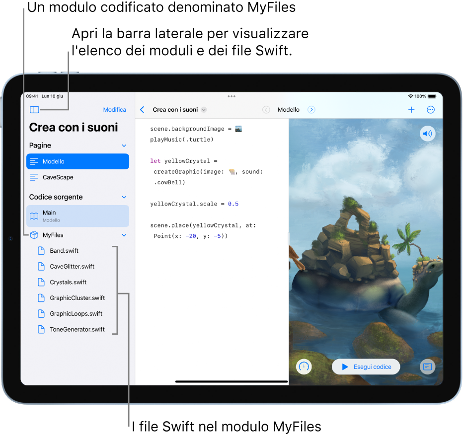 La pagina di un playground con la barra laterale aperta e la pagina Modello selezionata nella sezione delle pagine. La barra laterale è aperta e viene mostrato l’elenco dei file Swift che contiene.