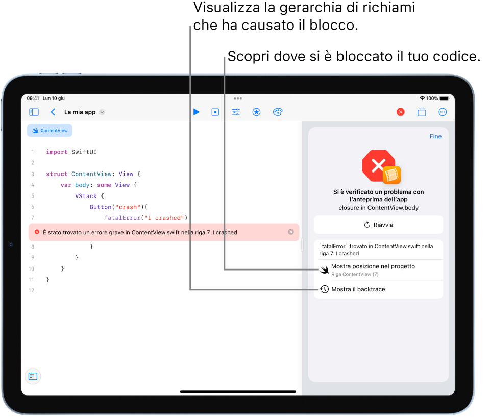 Una schermata che mostra le informazioni su un blocco che è avvenuto durante l’esecuzione dell’app.