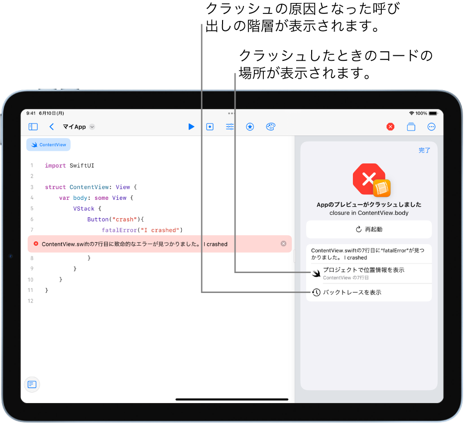 Appの実行中に起きたクラッシュについての情報が表示されている画面。