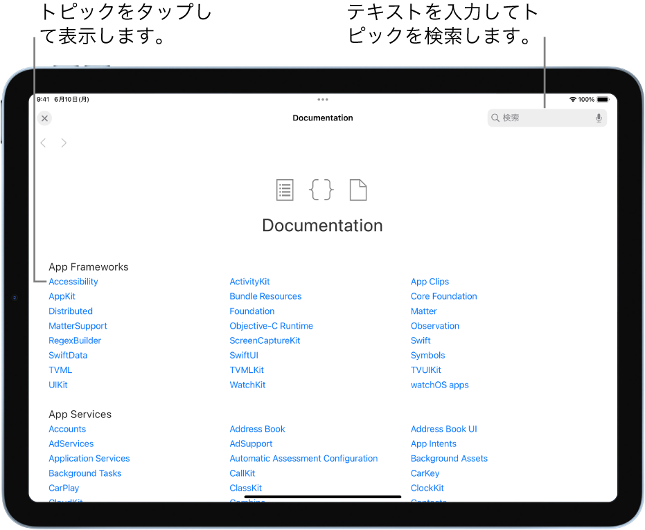 デベロッパドキュメントの目次ページ。右上の検索ボタンと、タップして読めるトピックが表示されています。