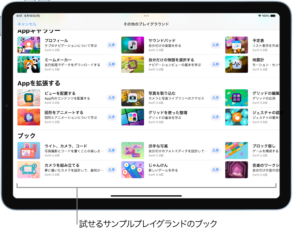 「その他のプレイグラウンド」画面。下部に、試すことができるいくつかのプレイグラウンドブックが表示されています。