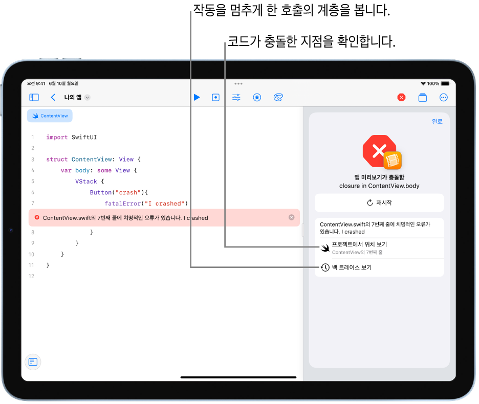 앱을 실행하는 동안 발생한 충돌에 관한 정보를 표시하는 화면.