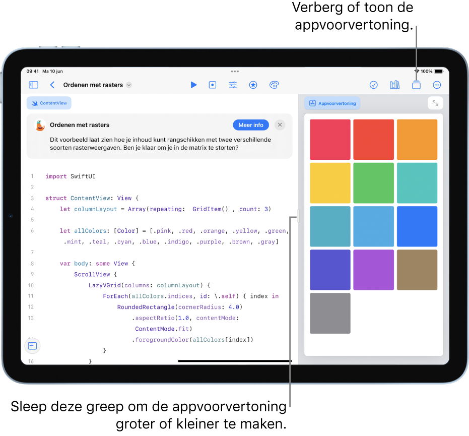 Een app die weergeeft hoe je materiaal in twee verschillende rasterweergaven rangschikt. De appvoorvertoning aan de rechterkant geeft het resultaat weer van de code in het programmeergedeelte aan de linkerkant.