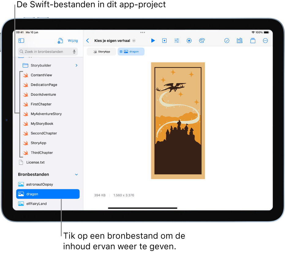 Een geopende app-playground met de naam 'Kies je eigen verhaal'. Het programmeergedeelte is zichtbaar en in de geopende linkerzijkolom worden de Swift-bestanden en andere bronbestanden van de app-playground weergegeven. Het bronbestand 'dragon' is geselecteerd in de linkerzijkolom en de inhoud ervan wordt weergegeven in het programmeergedeelte.