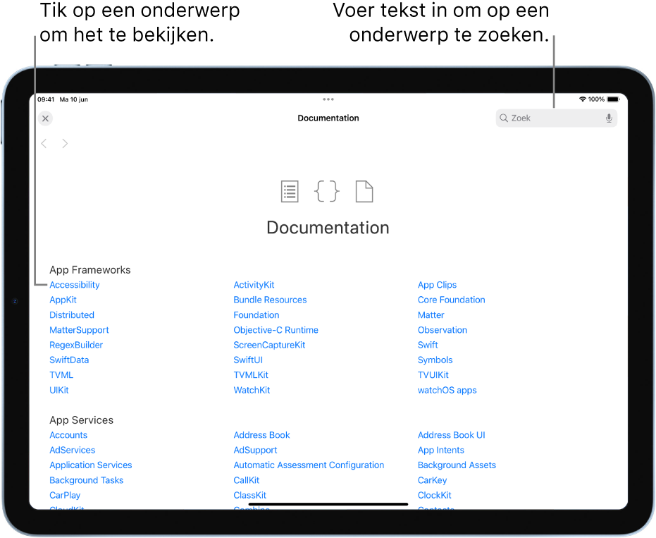 De inhoudsopgave in de documentatie voor ontwikkelaars met de zoekknop in de rechterbovenhoek en onderwerpen waarop je kunt tikken om ze te lezen.