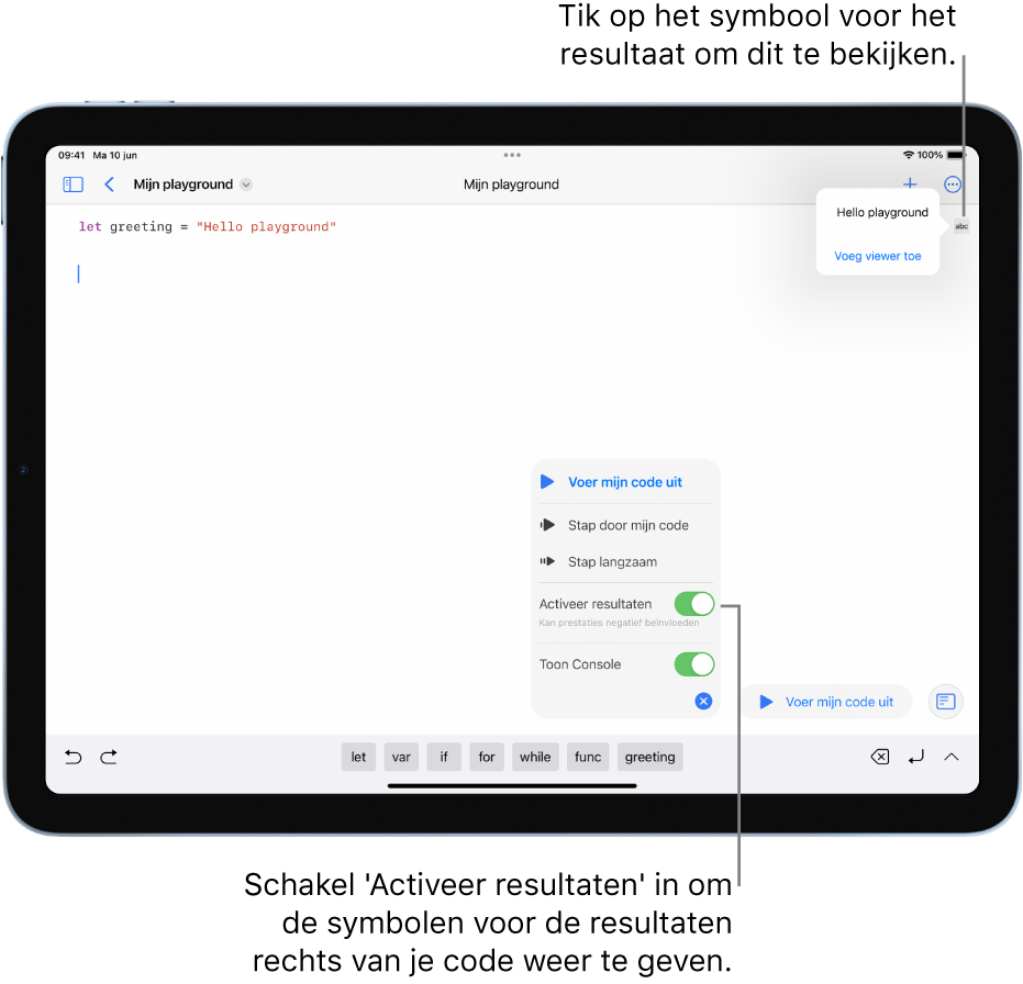 In een geopend playgroundboek wordt het menu bij het resultaatsymbool weergegeven en zijn de opties 'Activeer resultaten' en 'Toon Console' ingeschakeld.