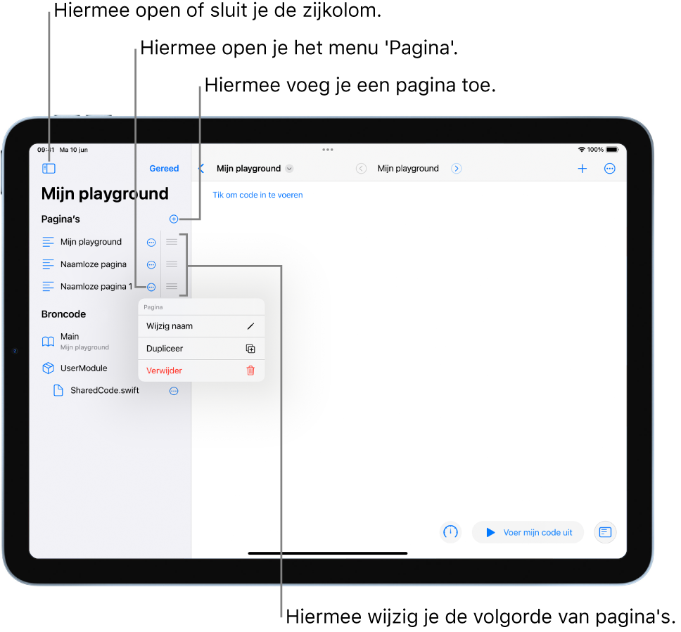 Een geopende playground met opties voor het openen of sluiten van de zijkolom, het openen van het menu 'Pagina', het toevoegen van een pagina en het wijzigen van de volgorde van pagina's.