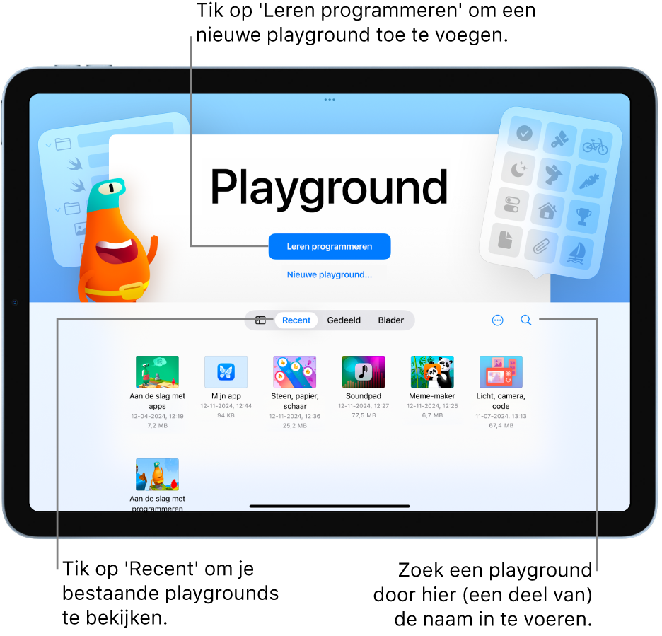 Het welkomstscherm van Swift Playground met de opties 'Leren programmeren' en 'Maak nieuwe app aan'. Op het tabblad 'Recent' eronder staan bestaande apps.