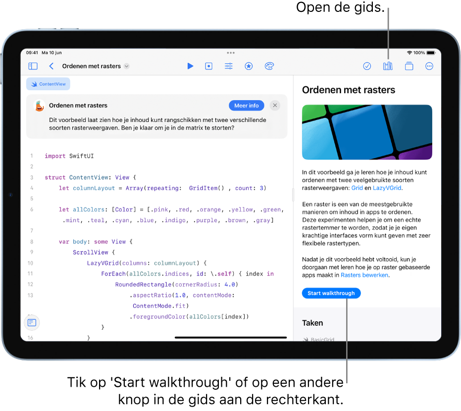 Een scherm met een app-playground die materiaal in twee verschillende soorten rasterweergaven rangschikt. De gids voor de app met de knop 'Start walkthrough' wordt in de rechterzijkolom weergegeven. In de beschrijving boven de code wordt uitgelegd wat de code doet.