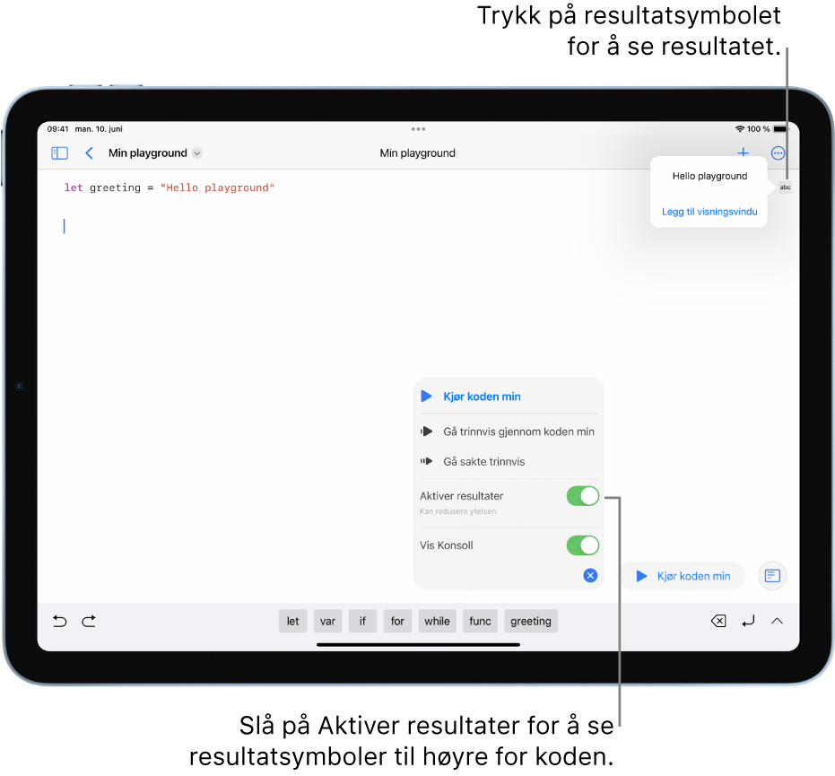 Symbolmenyen for resultatene vises i en åpen playground-bok, og valgene Aktiver resultater og Vis konsoll er markert.