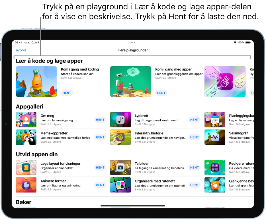 Flere playgrounder-skjermen, som viser innføringene i Lær å kode og lage apper-delen øverst.