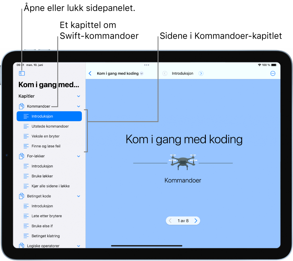 Den første siden av introduksjonen til Kommandoer-kapittelet i playground-boken Kom i gang med koding. Sidepanelet er synlig og viser kapitlene og sidene i playgrounden.