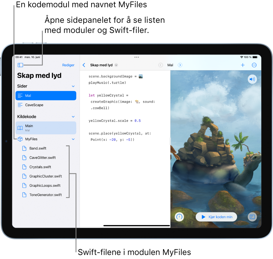 En playground-side med sidepanelet synlig og Mal-siden markert i Sider-delen. Sidepanelet er åpent og viser en liste med Swift-filene det inneholder.
