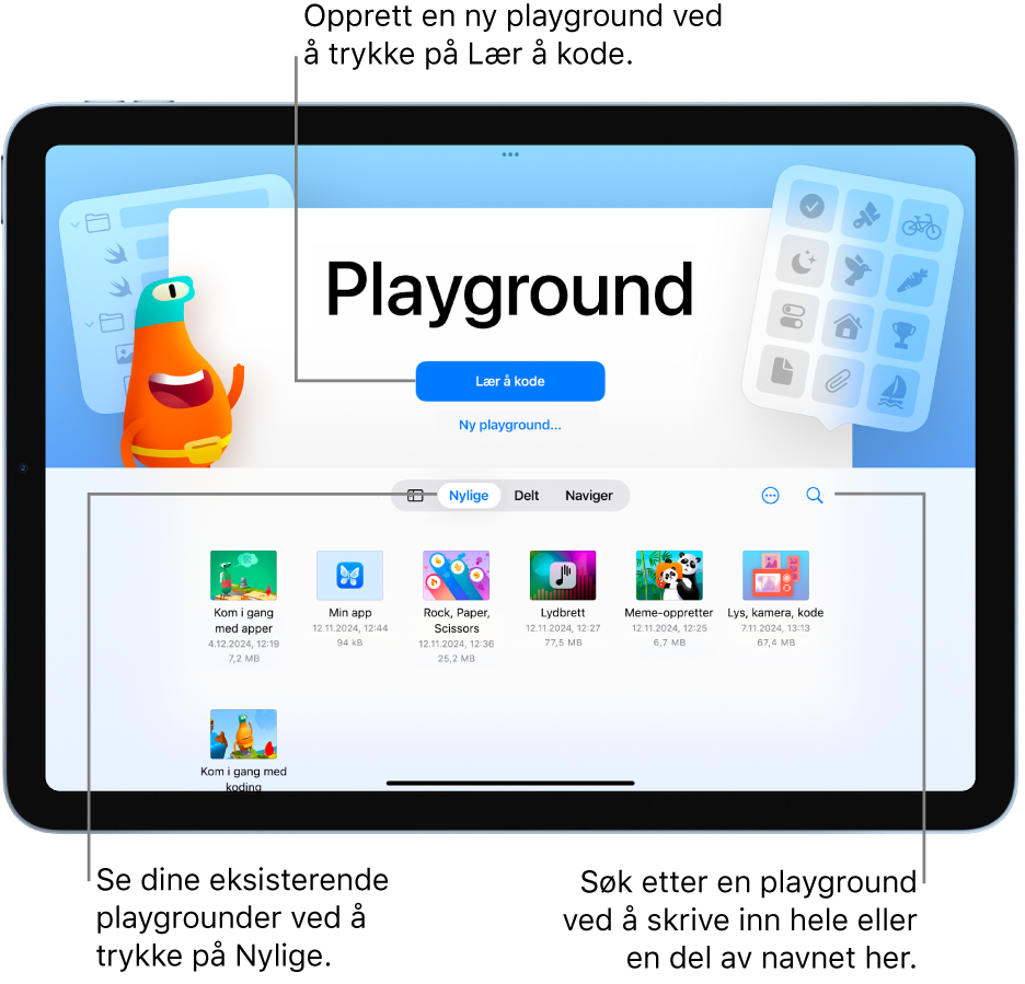 Swift Playground-velkomstskjermen viser alternativer for Lær å kode eller Opprett ny app, og eksisterende apper vises under i Nylige-fanen.