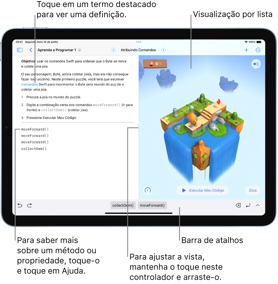 Playground com uma área para inserir código à esquerda e visualização em tempo real do resultado do código à direita. A área de código tem texto destacado que você pode tocar para obter uma definição, além de nomes de métodos e propriedades que você pode tocar para obter ajuda rápida. Há sugestões de código na barra de atalhos (abaixo da área de código) que você pode tocar para inserir no código.