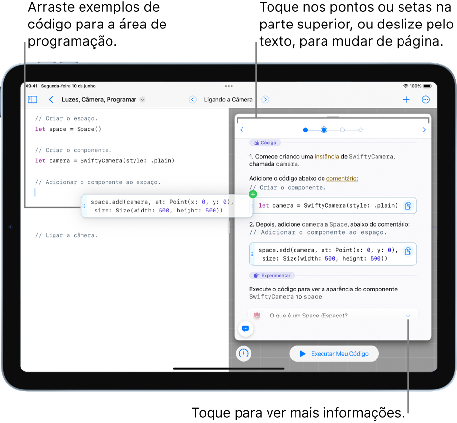 Um livro de playground aberto, com instruções e exemplos de código à direita e uma área de código à esquerda, mostrando como arrastar um exemplo de código das instruções para a área de código. Toque nos pontos ou nas setas na parte superior das instruções ou passe o dedo pelo texto para ir para outra página.