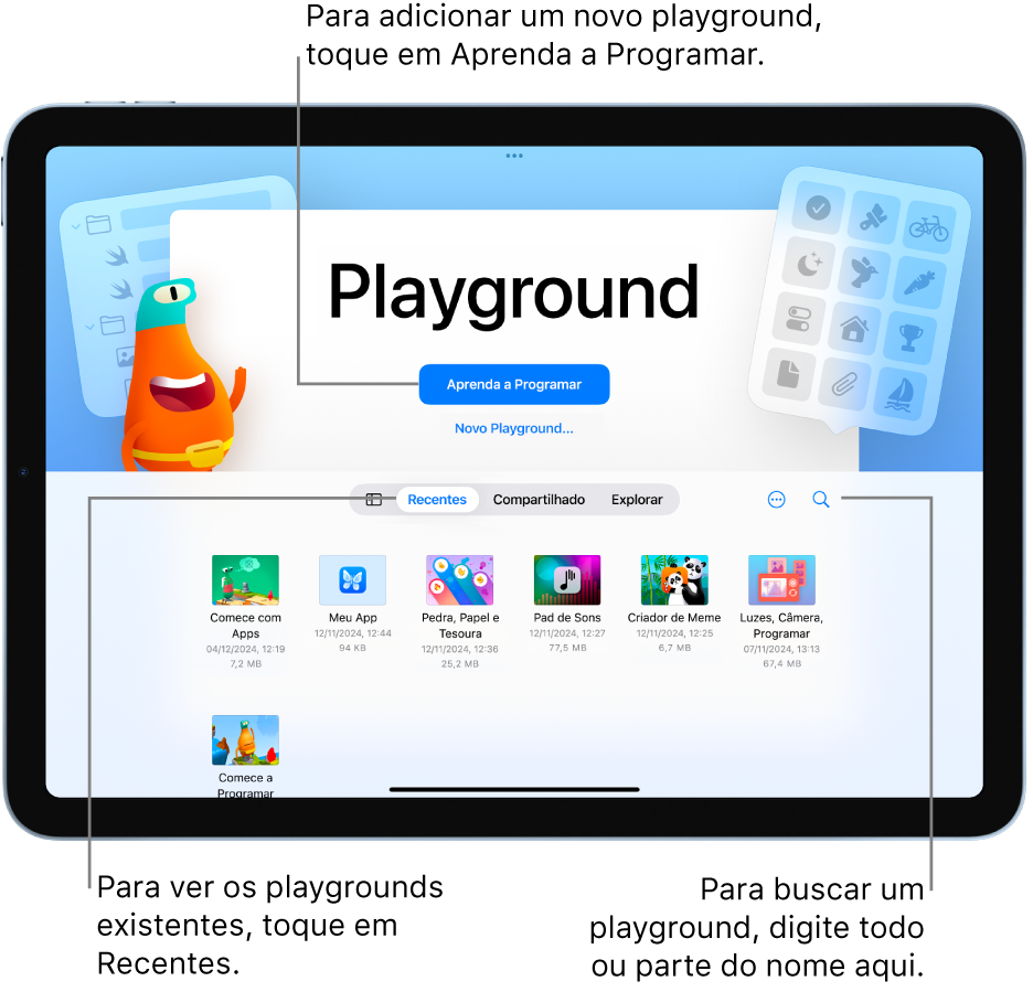 A tela de boas‑vindas do Swift Playground com as opções Aprenda a Programar ou Criar Novo App, além de apps existentes aparecendo abaixo na aba Recentes.