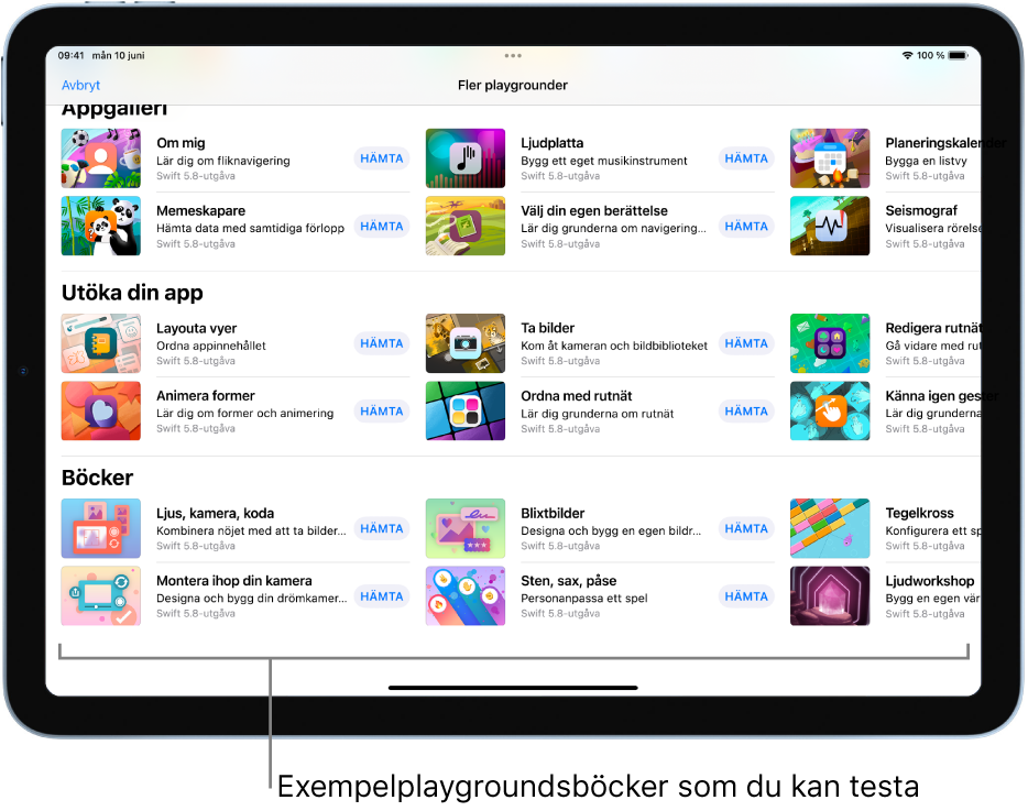 Skärmen Fler playgrounder visar flera playgroundböcker som du kan prova i nederkanten.