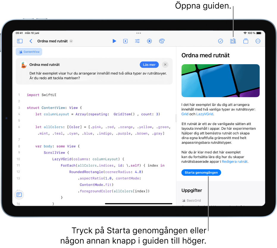 En skärm visar en applayground som ordnar innehållet i två olika typer av rutnätsvyer. Guiden till appen visas i det högra sidofältet med knappen Starta genomgången. Beskrivningen ovanför koden förklarar vad koden gör.