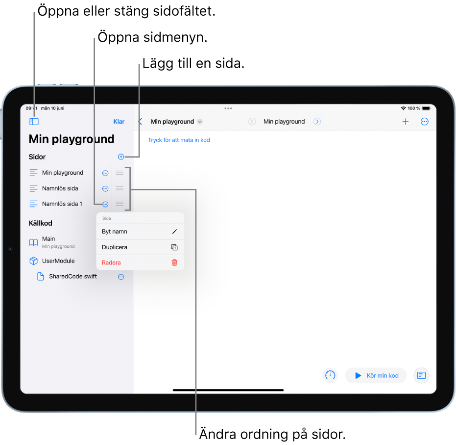 En playground öppnas med alternativ för att öppna eller stänga sidofältet, öppna menyn Sidor, lägga till en sida eller ordna om sidor.