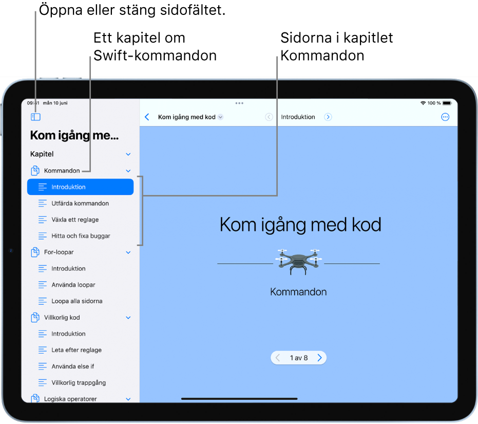 Den första sidan i Introduktion till kapitlet Kommandon i playgroundboken Kom igång med kod. Sidofältet är öppet och visar kapitel och sidor i playgrounden.