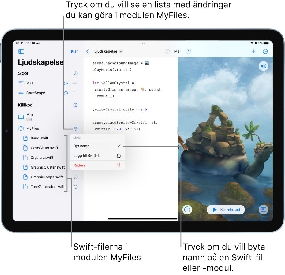 En playgroundsida där sidofältet är öppet och visar sidor, moduler och Swift-filer. Listan i redigeringsläge där du kan trycka på knapparna till höger om listan för att byta namn på, lägga till eller radera sidor, moduler eller filer.