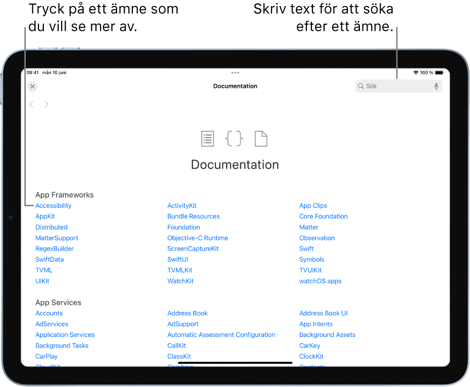 Sidan med innehållsförteckningen i utvecklardokumentationen med en sökknapp överst till höger och ämnen du kan trycka på för att läsa.