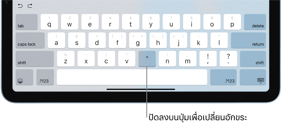 แป้นพิมพ์ที่แสดงปุ่ม B ที่ได้เปลี่ยนเป็นเครื่องหมายบวกหลังจากที่ผู้ใช้ปัดลงบนปุ่ม