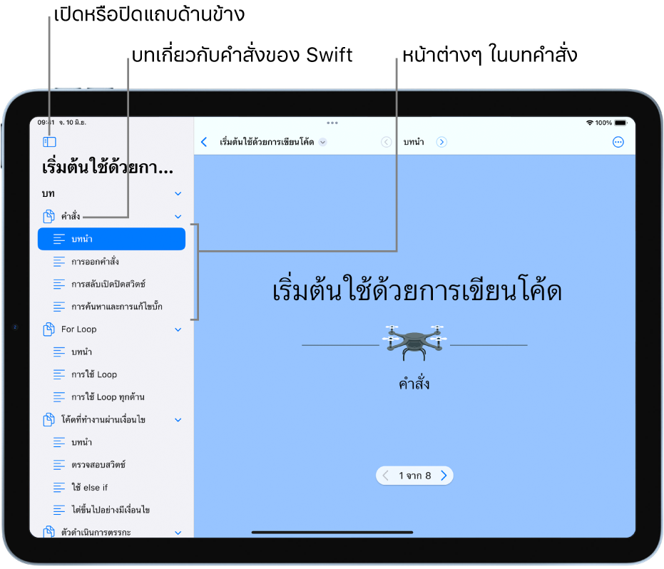 หน้าแรกของบทการแนะนำเรื่องคำสั่งในหนังสือ Playground เริ่มต้นใช้ด้วยการเขียนโค้ด แถบด้านข้างเปิดอยู่ โดยแสดงบทและหน้าต่างๆ ใน Playground