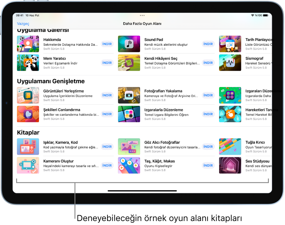 En altta deneyebileceğin pek çok oyun alanı kitabını gösteren Daha Fazla Oyun Alanı ekranı.