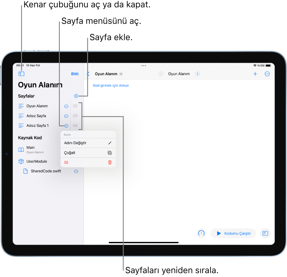 Kenar çubuğunu açma veya kapatma, Sayfa menüsünü açma, sayfa ekleme veya sayfaları yeniden sıralama seçenekleri gösterilen açık bir oyun alanı.