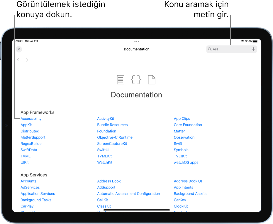Geliştirici belgelerinde sağ üstteki arama düğmesini ve okumak için dokunabileceğin konuları gösteren İçindekiler sayfası.