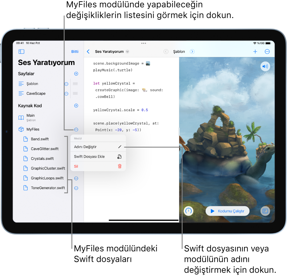 Kenar çubuğu açık, sayfaları, modülleri ve Swift dosyalarını gösterilen bir oyun alanı sayfası. Liste Düzen modunda; böylece sayfaların, modüllerin veya dosyaların adını değiştirmek ya da bunları eklemek veya silmek için listenin sağındaki düğmelere dokunabilirsin.