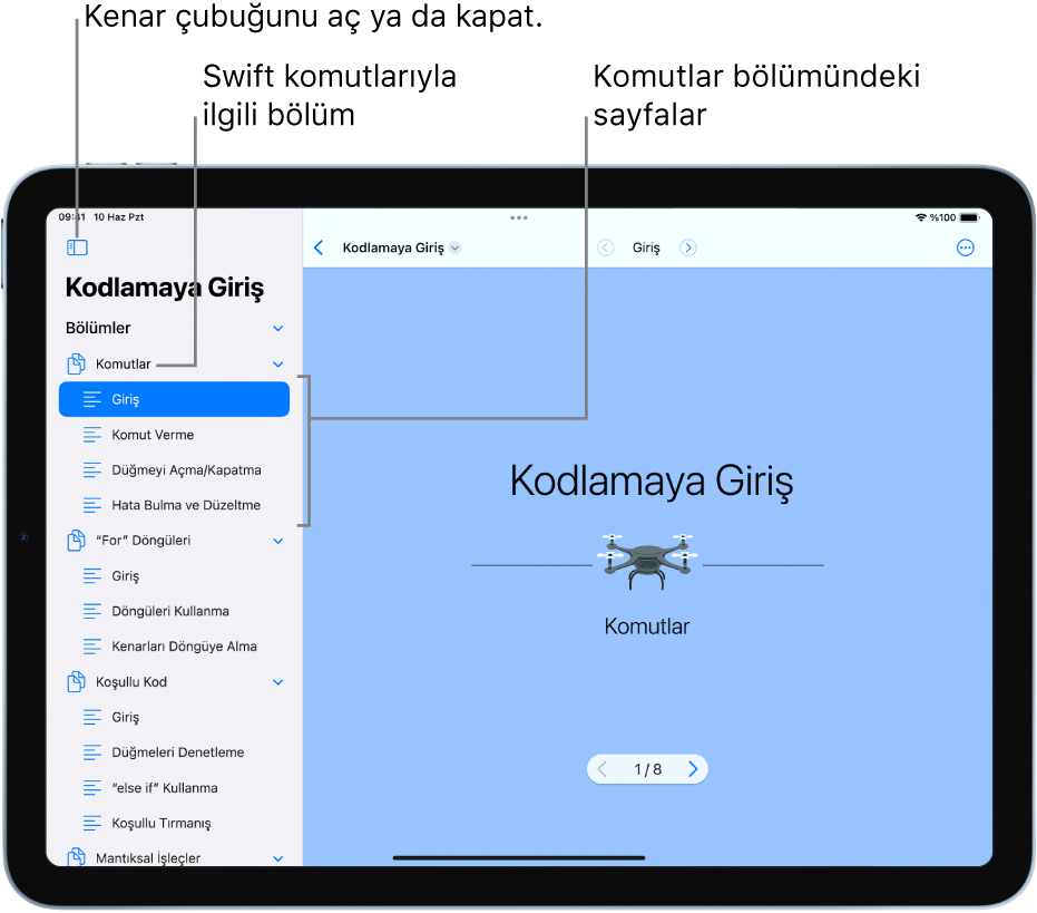 Kodu Kullanmaya Başlama oyun alanı kitabında Komutlara Giriş bölümünün ilk sayfası. Kenar çubuğu açık, oyun alanındaki bölümleri ve sayfaları gösteriyor.