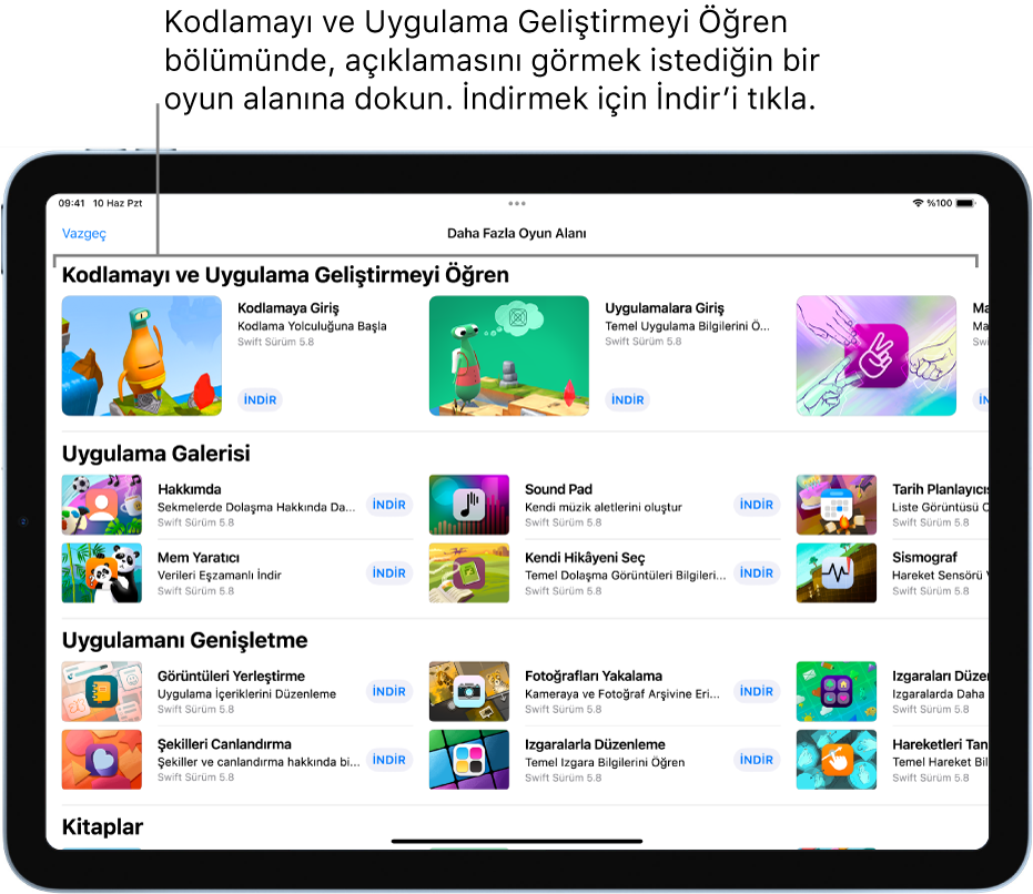 En üstte Kodlamayı ve Uygulama Geliştirmeyi Öğren bölümündeki öğreticileri gösteren Daha Fazla Oyun Alanı ekranı.