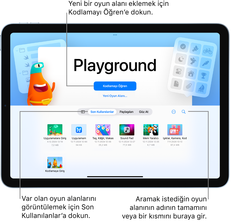 Kodlamayı Öğren veya Yeni Uygulama Yarat seçenekleri bulunan ve aşağıda Son Kullanılanlar sekmesinde var olan uygulamalar gösterilen Swift Playground hoş geldin ekranı.