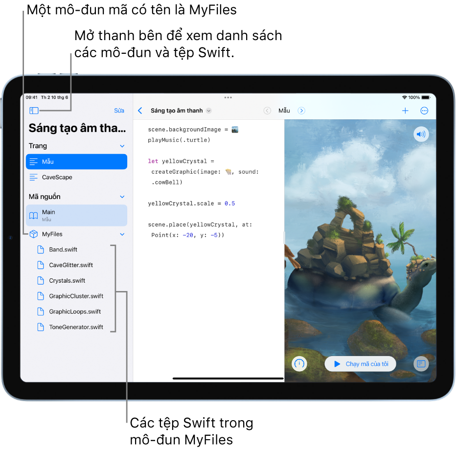 Một trang playground với thanh bên được mở và trang Mẫu được chọn trong phần Trang. Thanh bên được mở, đang hiển thị danh sách các tệp Swift trong đó.