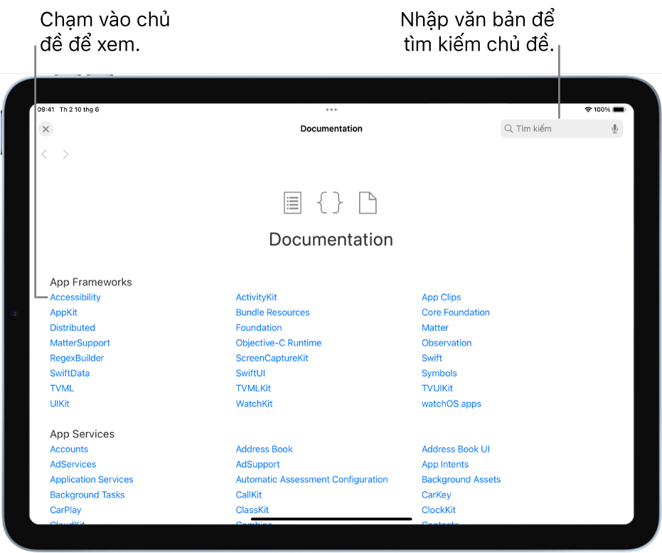 Trang Bảng mục lục trong tài liệu nhà phát triển, đang hiển thị nút tìm kiếm ở trên cùng bên phải và các chủ đề mà bạn có thể chạm vào để đọc.