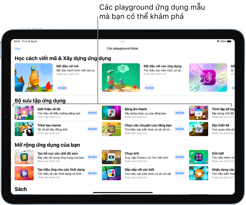 Màn hình Các playground khác, được cuộn để hiển thị Bộ sưu tập ứng dụng ở trên cùng, với các playground ứng dụng mẫu mà bạn có thể sử dụng làm điểm bắt đầu để xây dựng các ứng dụng bằng cách thêm mã của riêng mình. Mỗi playground ứng dụng có một nút Nhận mà bạn có thể chạm để tải về. Các playground ứng dụng trong phần tiếp theo, Mở rộng ứng dụng của bạn, chứa mã mà bạn có thể sử dụng để mở rộng các ứng dụng khác mà bạn tải về hoặc tạo. Phần dưới cùng, Sách, bao gồm các sách playground.
