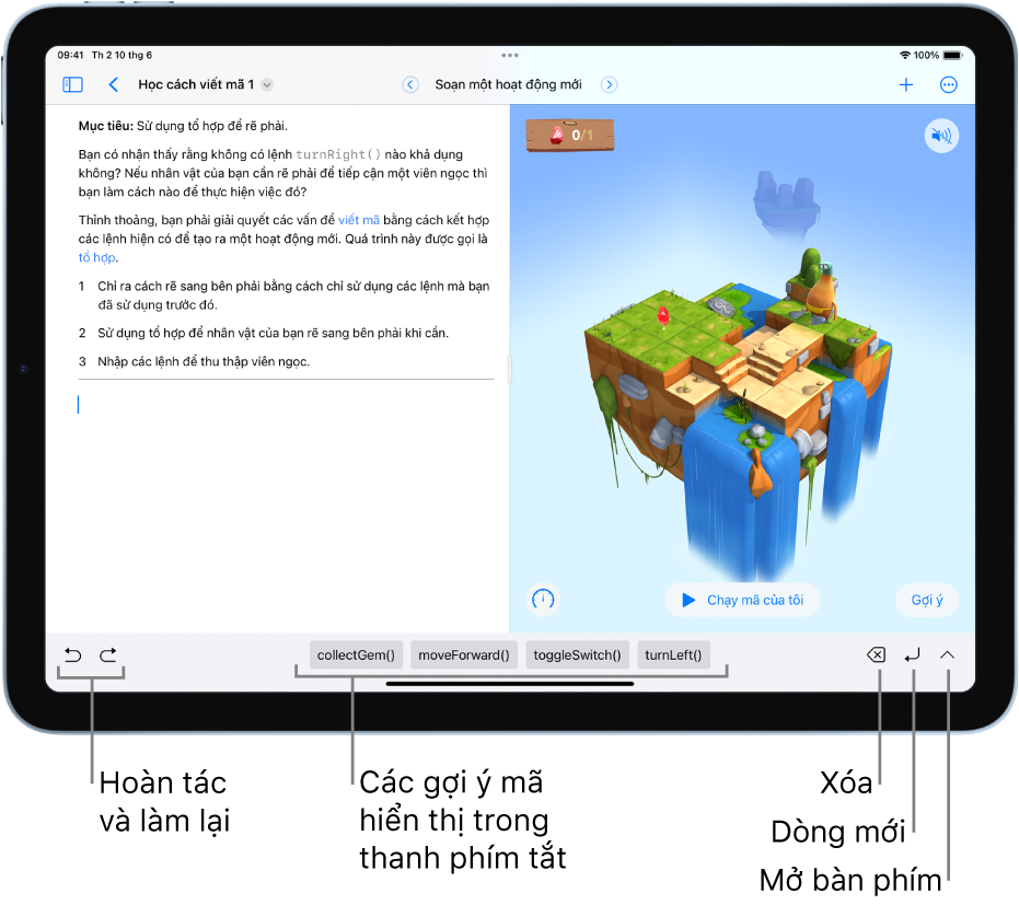 Thanh phím tắt ở cuối màn hình đang hiển thị (từ trái sang phải) các nút Hoàn tác và Làm lại, các gợi ý mã, nút Xóa, nút Dòng mới và nút Mở bàn phím.