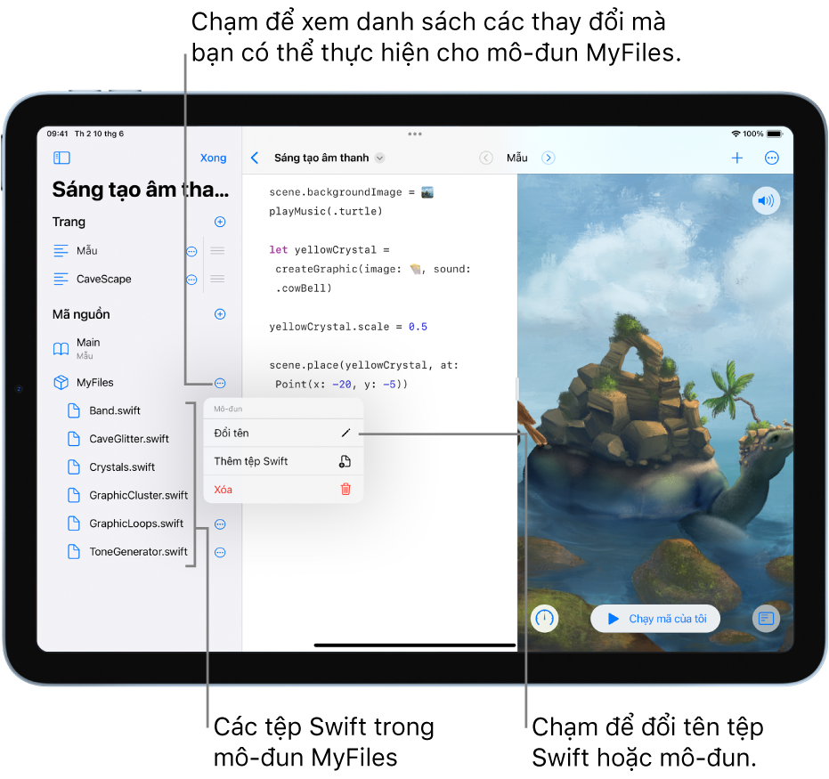 Một trang playground với thanh bên được mở, đang hiển thị các trang, mô-đun và tệp Swift. Danh sách đang ở chế độ Sửa nên bạn có thể chạm vào các nút của danh sách để đổi tên, thêm hoặc xóa các trang, mô-đun hoặc tệp.