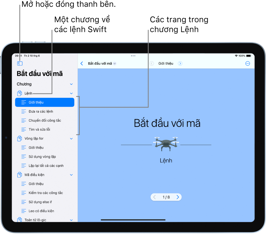 Trang đầu tiên của phần Giới thiệu cho chương Lệnh trong sách playground Bắt đầu với mã. Thanh bên được mở, đang hiển thị các chương và trang trong playground.