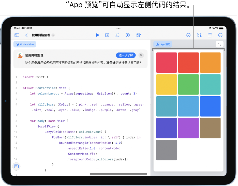 显示如何在两个不同网格视图中排列内容的 App,左侧显示示例代码,右侧的“App 预览”中显示代码结果。