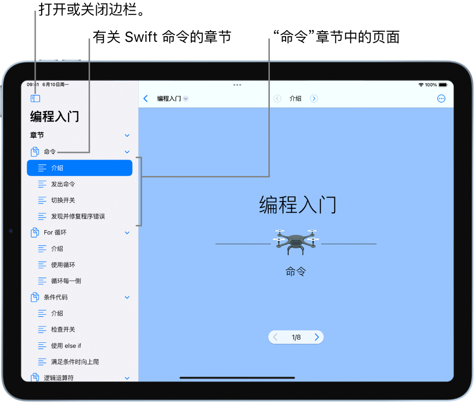 “编程入门” Playground 图书中“介绍命令”章节的第一页。边栏打开，显示 Playground 中的章节和页面。